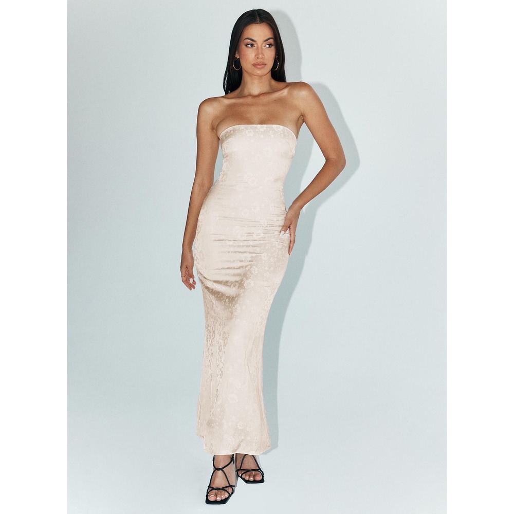 Princess Polly Salvin Strapless Maxi Dress Champagne Floral Jacquard US 6